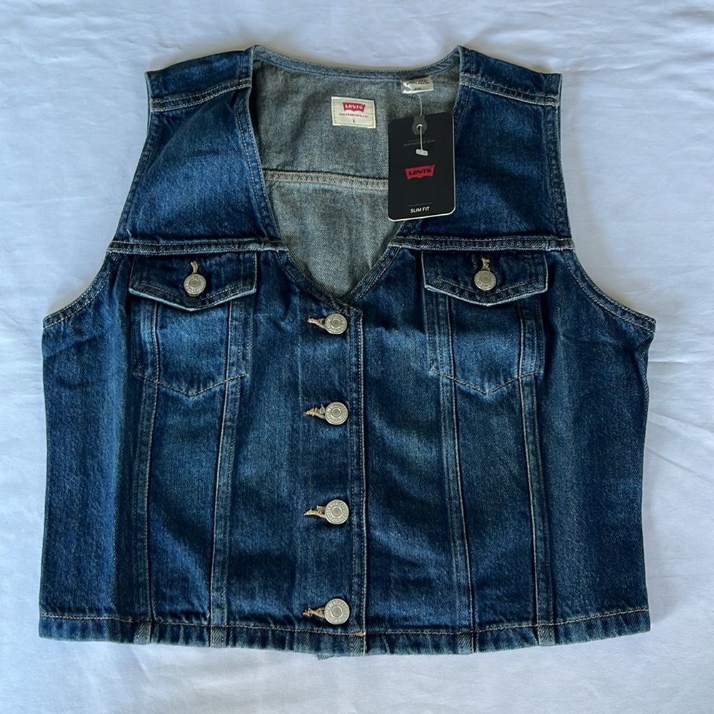 Levis Bella Denim Corset Vest Slim Fit Dark Side Scrape Size XL NWT - Picture 8 of 11